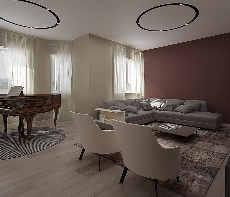 Un soggiorno nelle tonalità calde della pietra piasentina e del rovere spazzolato